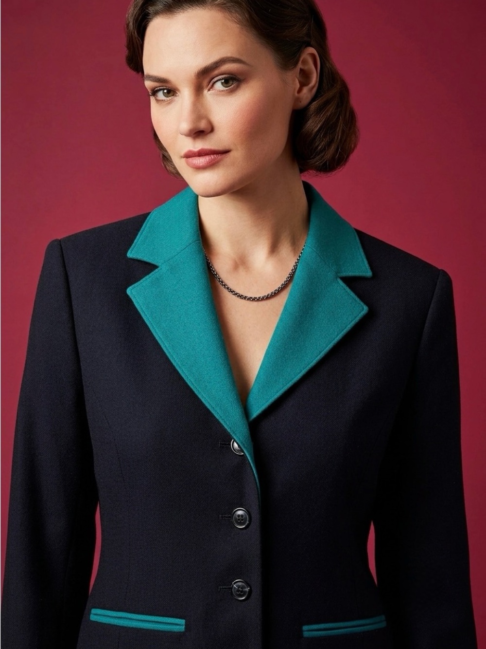 Vintage 70s Pendleton Wool Blazer Navy Teal Trim Contrast Lapel Academia Sz M